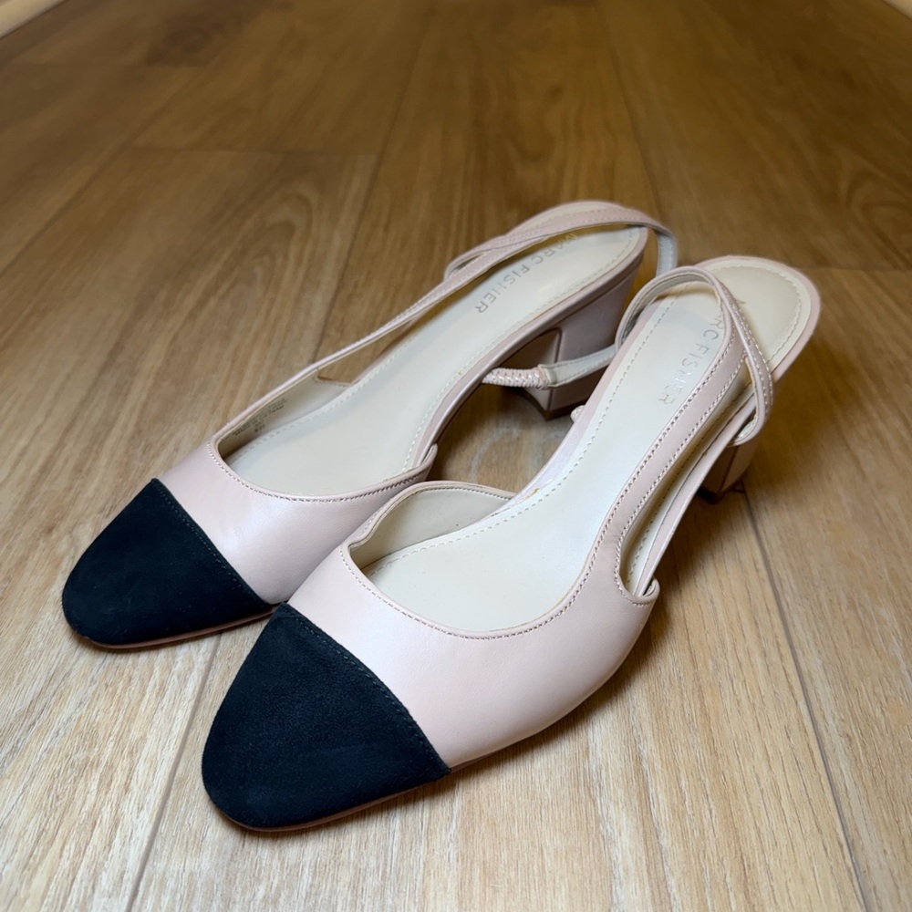 Marc Fisher Two-Tone Slingback Block Heel Pumps - Black Cap Toe & Nude